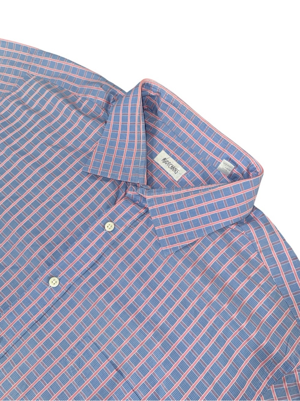 Ascot Chang mens 18.5 blue pink check plaid French cuff Swiss fabric dress shirt
